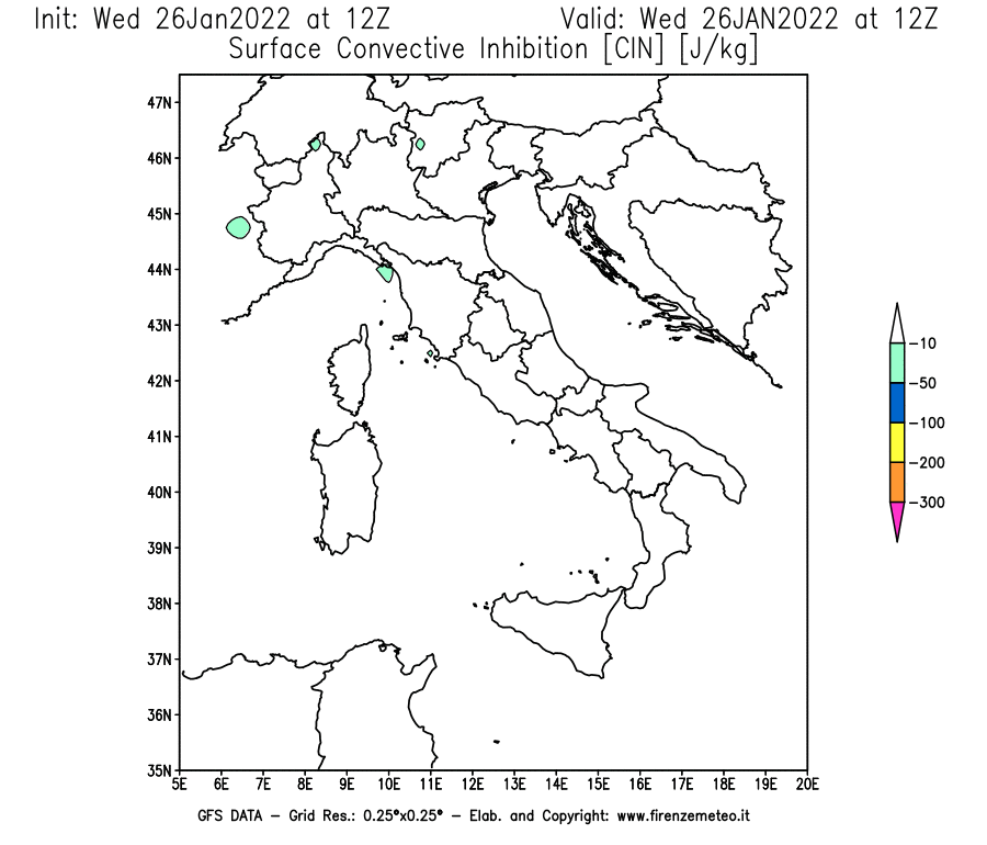 Mappa di analisi GFS - CIN [J/kg] in Italia
							del 26/01/2022 12 <!--googleoff: index-->UTC<!--googleon: index-->
