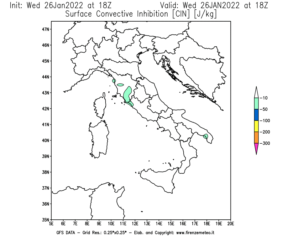 Mappa di analisi GFS - CIN [J/kg] in Italia
							del 26/01/2022 18 <!--googleoff: index-->UTC<!--googleon: index-->