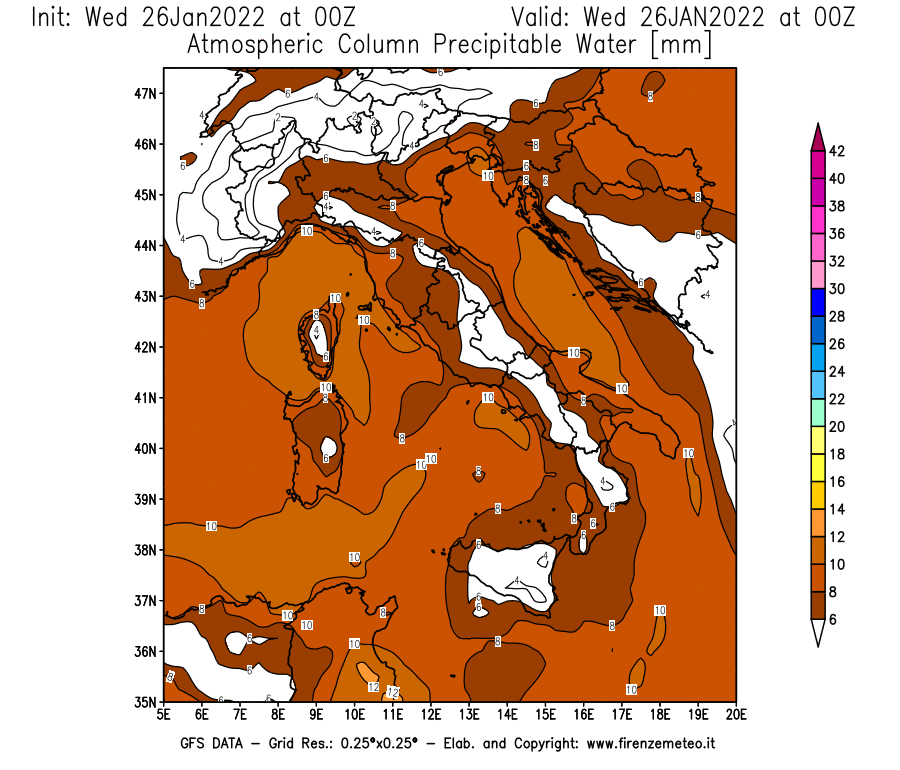 Mappa di analisi GFS - Precipitable Water [mm] in Italia
							del 26/01/2022 00 <!--googleoff: index-->UTC<!--googleon: index-->