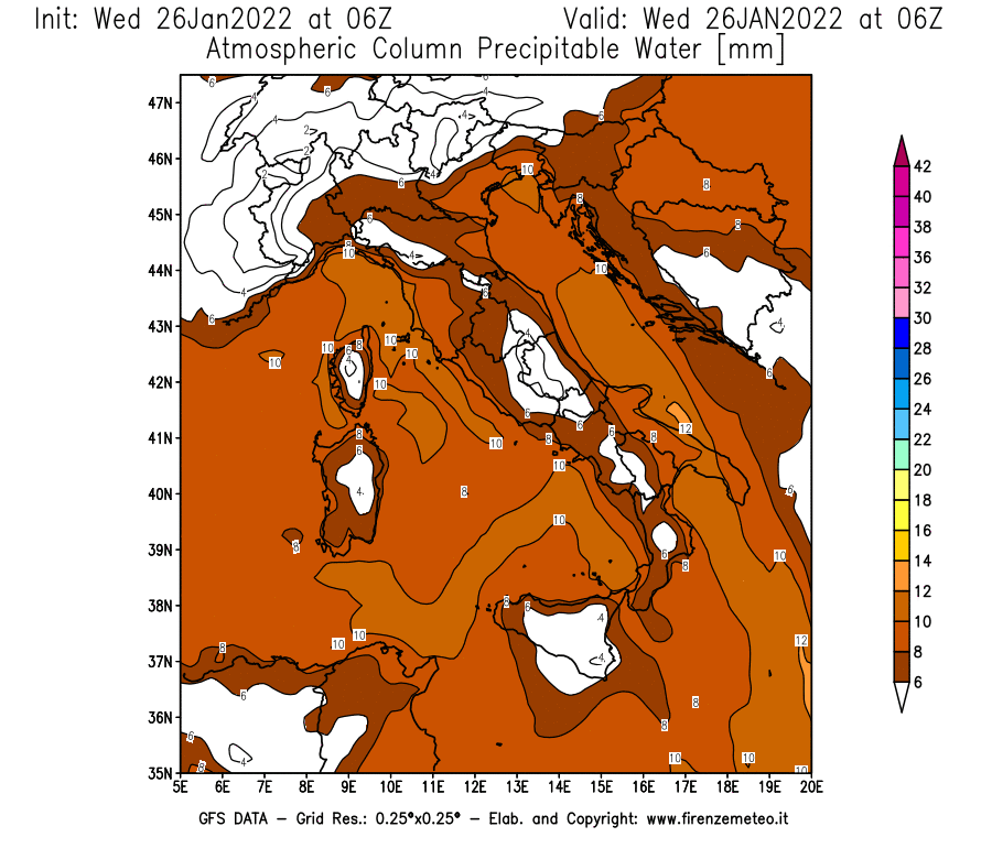 Mappa di analisi GFS - Precipitable Water [mm] in Italia
							del 26/01/2022 06 <!--googleoff: index-->UTC<!--googleon: index-->