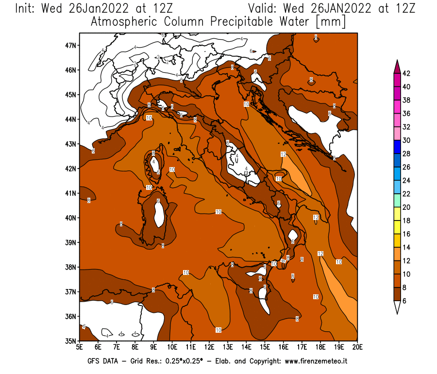 Mappa di analisi GFS - Precipitable Water [mm] in Italia
							del 26/01/2022 12 <!--googleoff: index-->UTC<!--googleon: index-->