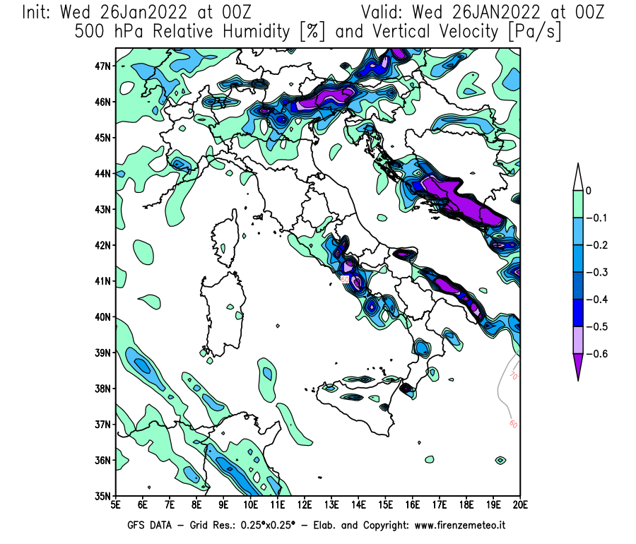 Mappa di analisi GFS - Umidità relativa [%] e Omega [Pa/s] a 500 hPa in Italia
							del 26/01/2022 00 <!--googleoff: index-->UTC<!--googleon: index-->