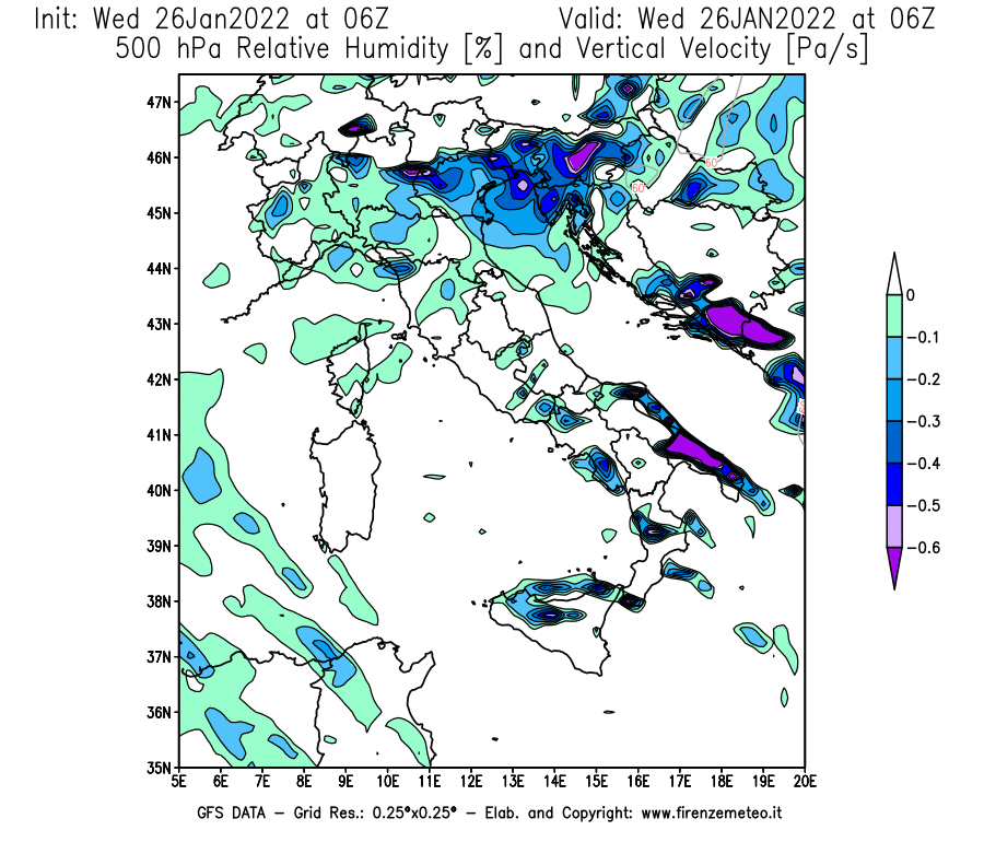 Mappa di analisi GFS - Umidità relativa [%] e Omega [Pa/s] a 500 hPa in Italia
							del 26/01/2022 06 <!--googleoff: index-->UTC<!--googleon: index-->