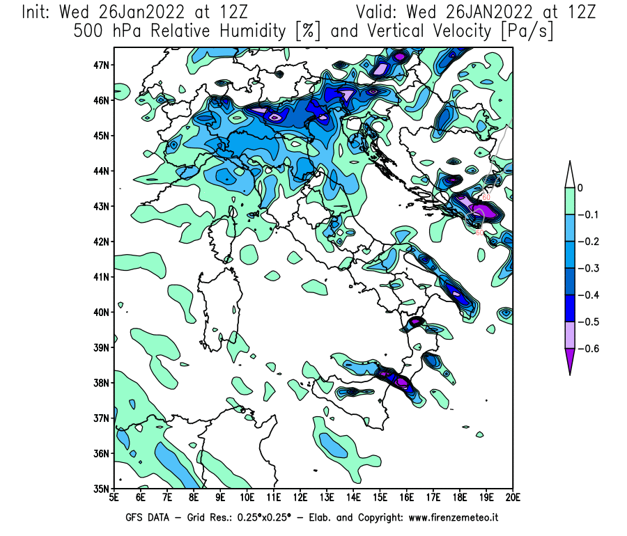 Mappa di analisi GFS - Umidità relativa [%] e Omega [Pa/s] a 500 hPa in Italia
							del 26/01/2022 12 <!--googleoff: index-->UTC<!--googleon: index-->