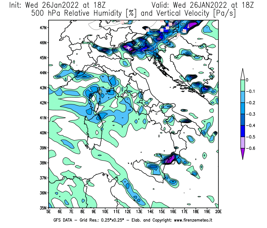 Mappa di analisi GFS - Umidità relativa [%] e Omega [Pa/s] a 500 hPa in Italia
							del 26/01/2022 18 <!--googleoff: index-->UTC<!--googleon: index-->