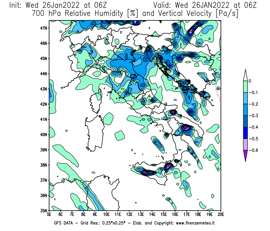 Mappa di analisi GFS - Umidità relativa [%] e Omega [Pa/s] a 700 hPa in Italia
							del 26/01/2022 06 <!--googleoff: index-->UTC<!--googleon: index-->
