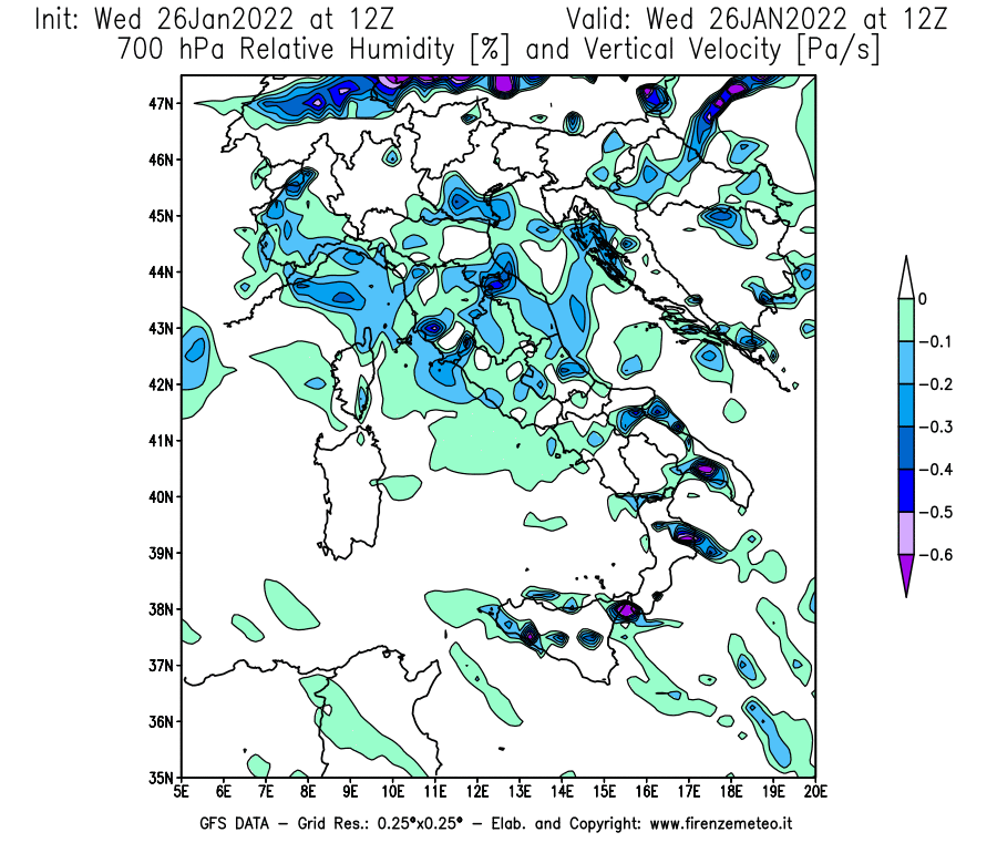 Mappa di analisi GFS - Umidità relativa [%] e Omega [Pa/s] a 700 hPa in Italia
							del 26/01/2022 12 <!--googleoff: index-->UTC<!--googleon: index-->
