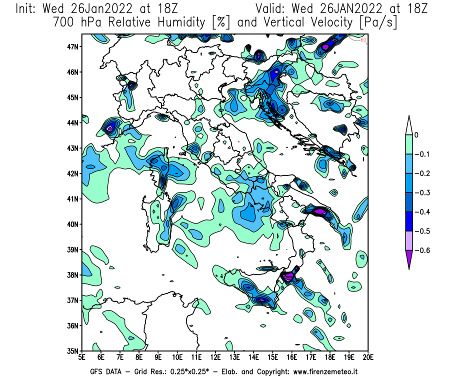 Mappa di analisi GFS - Umidità relativa [%] e Omega [Pa/s] a 700 hPa in Italia
							del 26/01/2022 18 <!--googleoff: index-->UTC<!--googleon: index-->