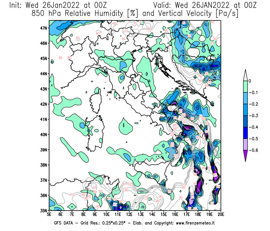 Mappa di analisi GFS - Umidità relativa [%] e Omega [Pa/s] a 850 hPa in Italia
							del 26/01/2022 00 <!--googleoff: index-->UTC<!--googleon: index-->