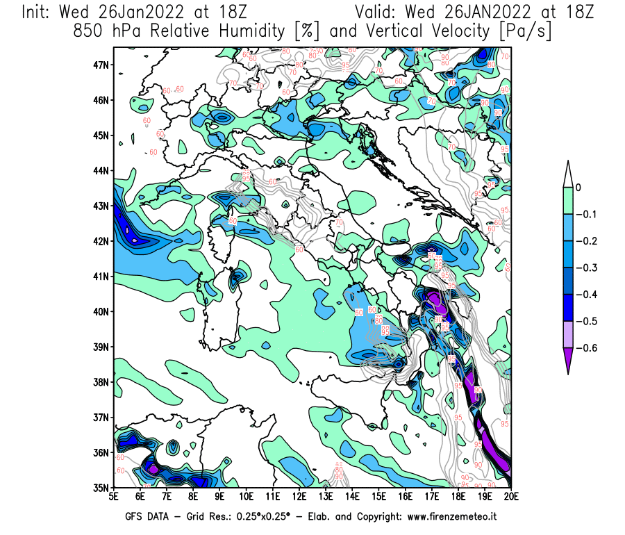Mappa di analisi GFS - Umidità relativa [%] e Omega [Pa/s] a 850 hPa in Italia
							del 26/01/2022 18 <!--googleoff: index-->UTC<!--googleon: index-->
