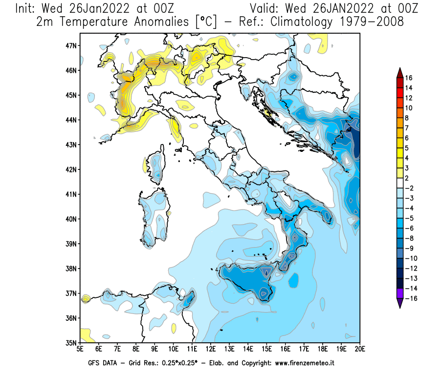 Mappa di analisi GFS - Anomalia Temperatura [°C] a 2 m in Italia
							del 26/01/2022 00 <!--googleoff: index-->UTC<!--googleon: index-->