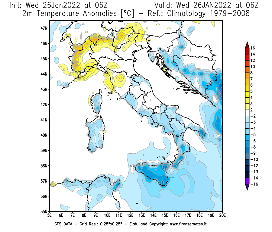 Mappa di analisi GFS - Anomalia Temperatura [°C] a 2 m in Italia
							del 26/01/2022 06 <!--googleoff: index-->UTC<!--googleon: index-->