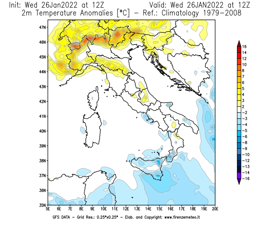 Mappa di analisi GFS - Anomalia Temperatura [°C] a 2 m in Italia
							del 26/01/2022 12 <!--googleoff: index-->UTC<!--googleon: index-->