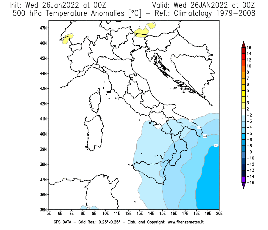 Mappa di analisi GFS - Anomalia Temperatura [°C] a 500 hPa in Italia
							del 26/01/2022 00 <!--googleoff: index-->UTC<!--googleon: index-->