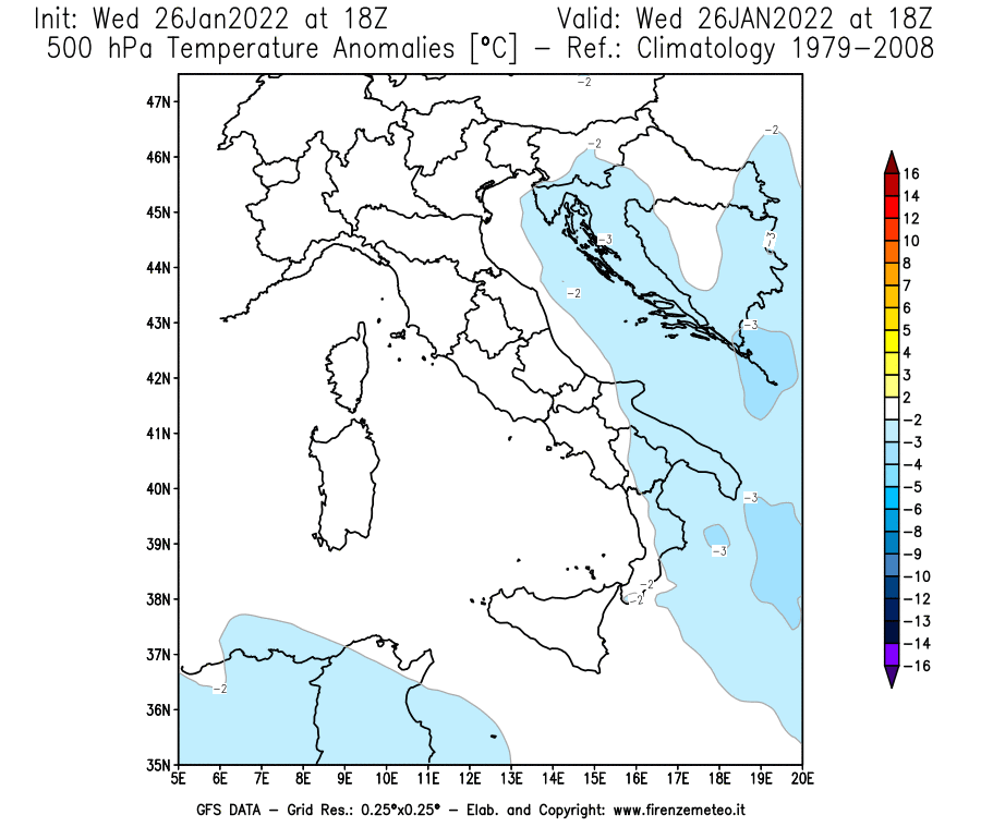 Mappa di analisi GFS - Anomalia Temperatura [°C] a 500 hPa in Italia
							del 26/01/2022 18 <!--googleoff: index-->UTC<!--googleon: index-->