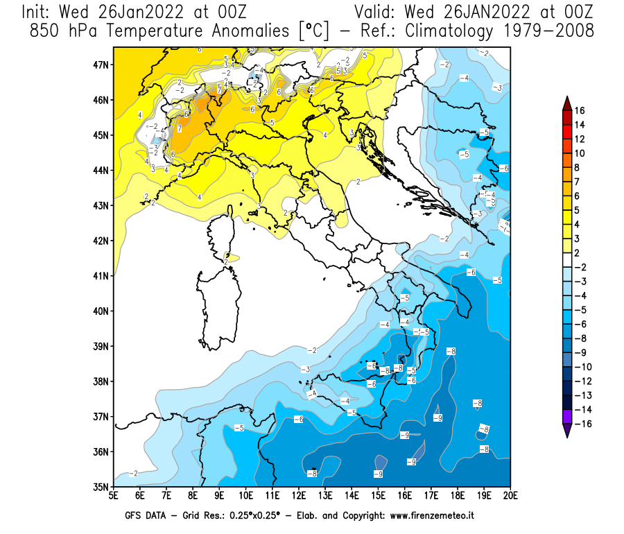 Mappa di analisi GFS - Anomalia Temperatura [°C] a 850 hPa in Italia
							del 26/01/2022 00 <!--googleoff: index-->UTC<!--googleon: index-->