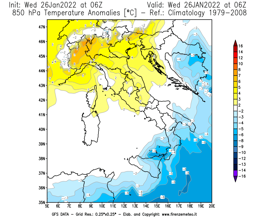 Mappa di analisi GFS - Anomalia Temperatura [°C] a 850 hPa in Italia
							del 26/01/2022 06 <!--googleoff: index-->UTC<!--googleon: index-->