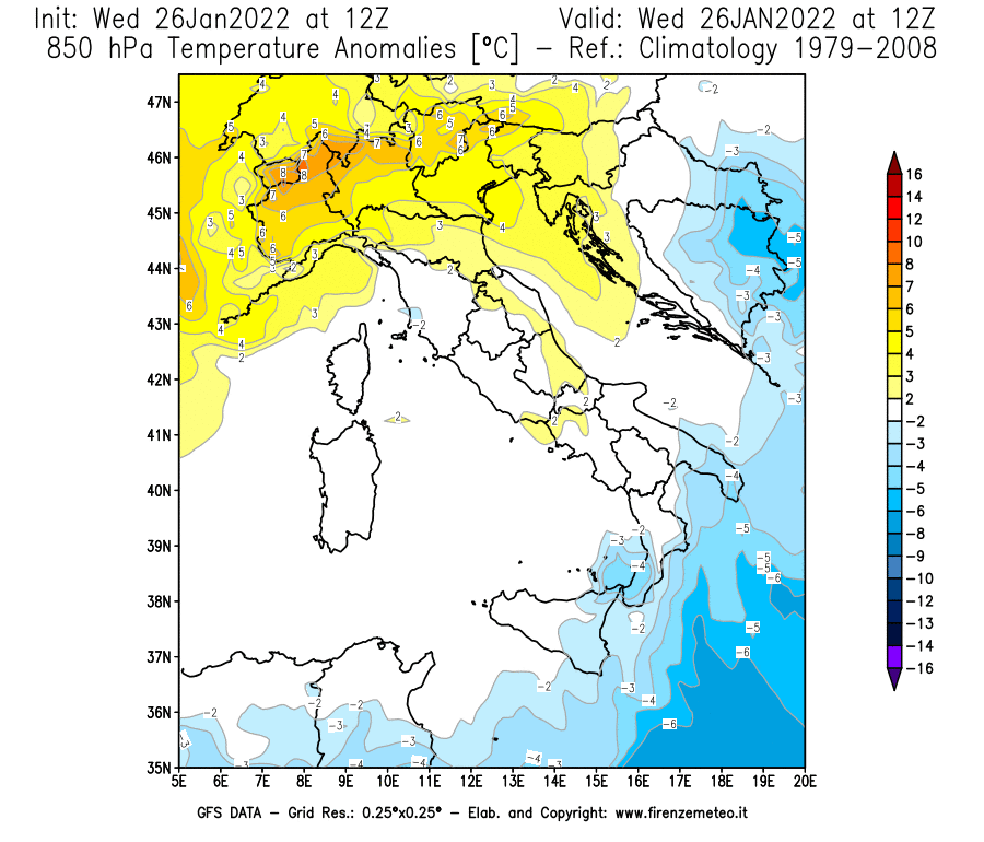 Mappa di analisi GFS - Anomalia Temperatura [°C] a 850 hPa in Italia
							del 26/01/2022 12 <!--googleoff: index-->UTC<!--googleon: index-->