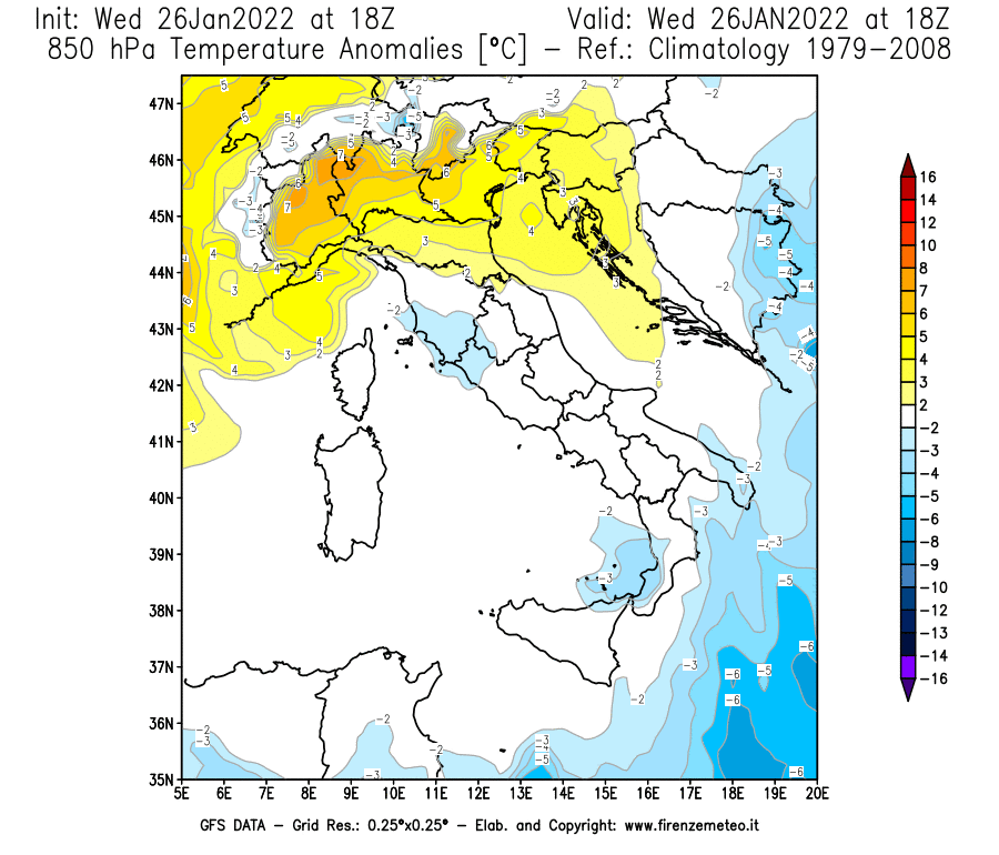 Mappa di analisi GFS - Anomalia Temperatura [°C] a 850 hPa in Italia
							del 26/01/2022 18 <!--googleoff: index-->UTC<!--googleon: index-->