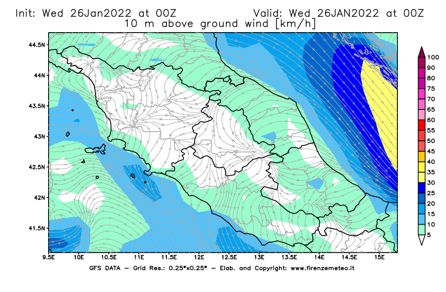 Mappa di analisi GFS - Velocità del vento a 10 metri dal suolo [km/h] in Centro-Italia
							del 26/01/2022 00 <!--googleoff: index-->UTC<!--googleon: index-->