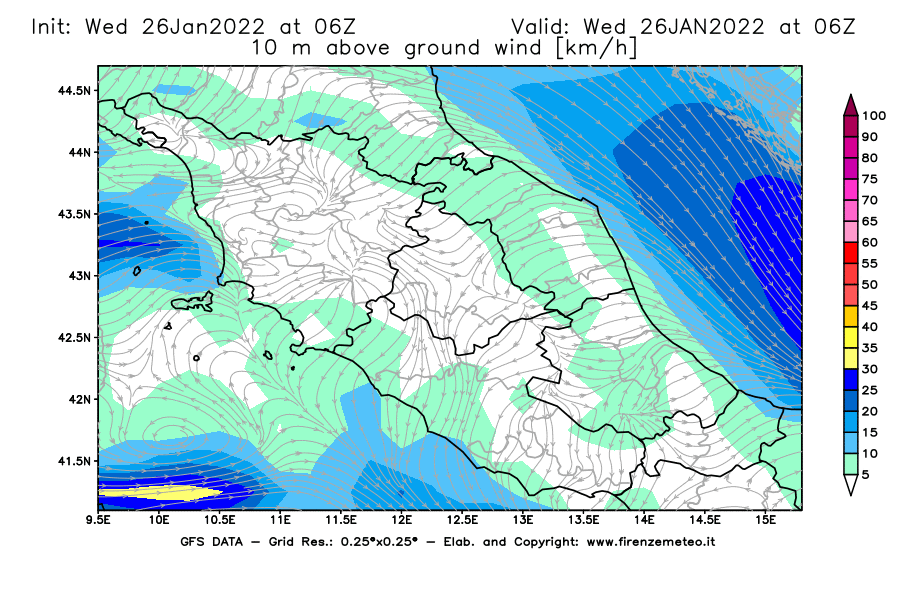Mappa di analisi GFS - Velocità del vento a 10 metri dal suolo [km/h] in Centro-Italia
							del 26/01/2022 06 <!--googleoff: index-->UTC<!--googleon: index-->