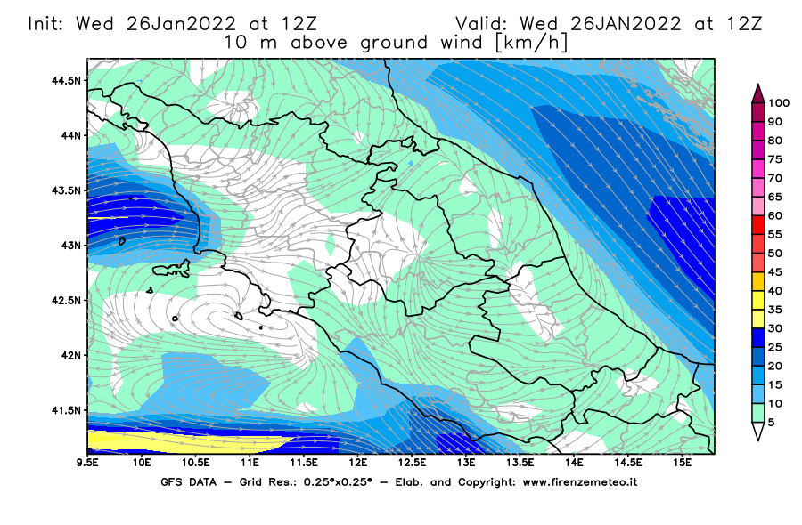 Mappa di analisi GFS - Velocità del vento a 10 metri dal suolo [km/h] in Centro-Italia
							del 26/01/2022 12 <!--googleoff: index-->UTC<!--googleon: index-->