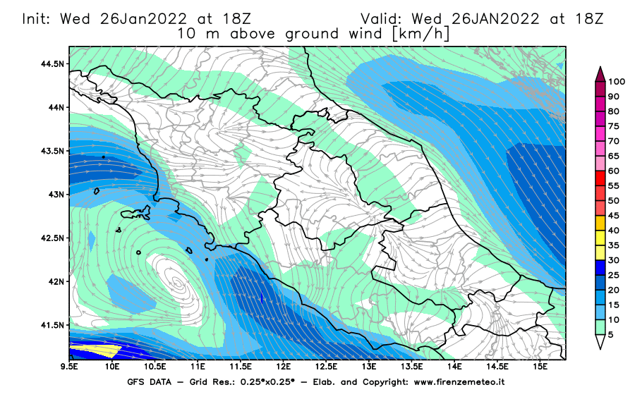 Mappa di analisi GFS - Velocità del vento a 10 metri dal suolo [km/h] in Centro-Italia
							del 26/01/2022 18 <!--googleoff: index-->UTC<!--googleon: index-->