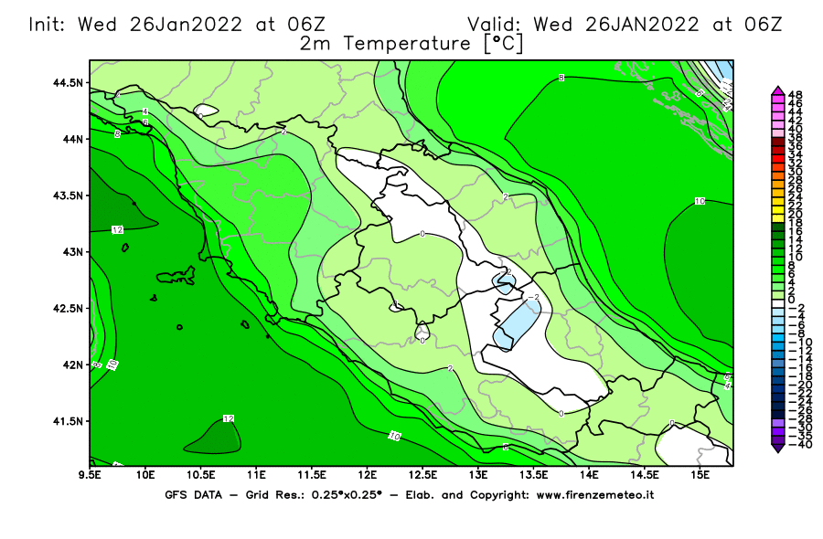 Mappa di analisi GFS - Temperatura a 2 metri dal suolo [°C] in Centro-Italia
							del 26/01/2022 06 <!--googleoff: index-->UTC<!--googleon: index-->