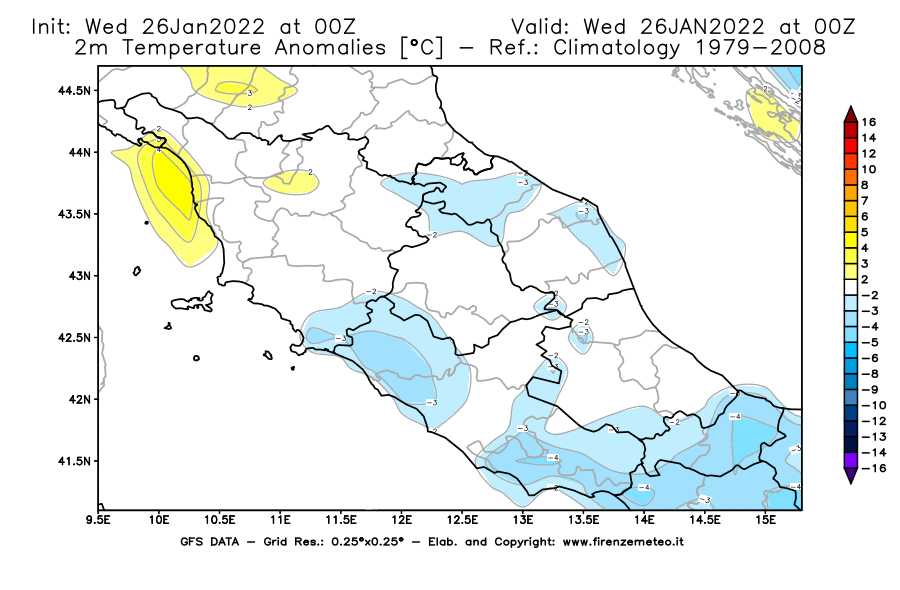 Mappa di analisi GFS - Anomalia Temperatura [°C] a 2 m in Centro-Italia
							del 26/01/2022 00 <!--googleoff: index-->UTC<!--googleon: index-->