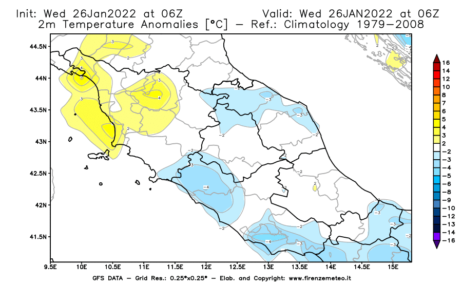 Mappa di analisi GFS - Anomalia Temperatura [°C] a 2 m in Centro-Italia
							del 26/01/2022 06 <!--googleoff: index-->UTC<!--googleon: index-->