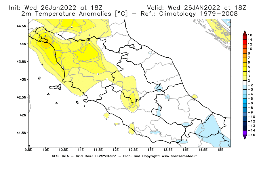 Mappa di analisi GFS - Anomalia Temperatura [°C] a 2 m in Centro-Italia
							del 26/01/2022 18 <!--googleoff: index-->UTC<!--googleon: index-->