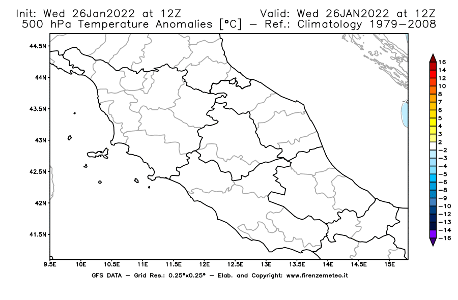 Mappa di analisi GFS - Anomalia Temperatura [°C] a 500 hPa in Centro-Italia
							del 26/01/2022 12 <!--googleoff: index-->UTC<!--googleon: index-->