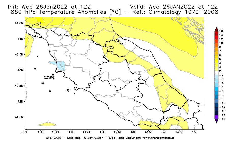 Mappa di analisi GFS - Anomalia Temperatura [°C] a 850 hPa in Centro-Italia
							del 26/01/2022 12 <!--googleoff: index-->UTC<!--googleon: index-->