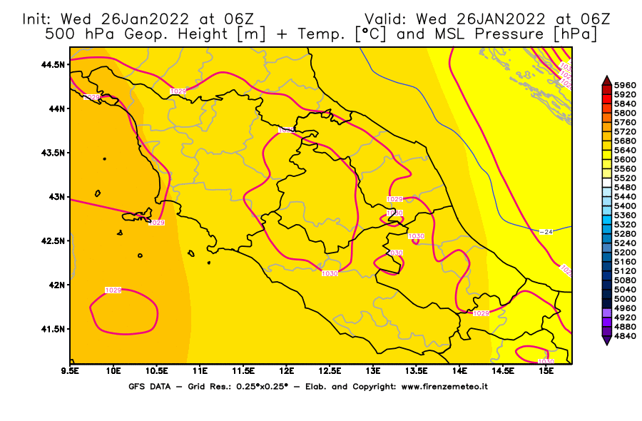 Mappa di analisi GFS - Geopotenziale [m] + Temp. [°C] a 500 hPa + Press. a livello del mare [hPa] in Centro-Italia
							del 26/01/2022 06 <!--googleoff: index-->UTC<!--googleon: index-->