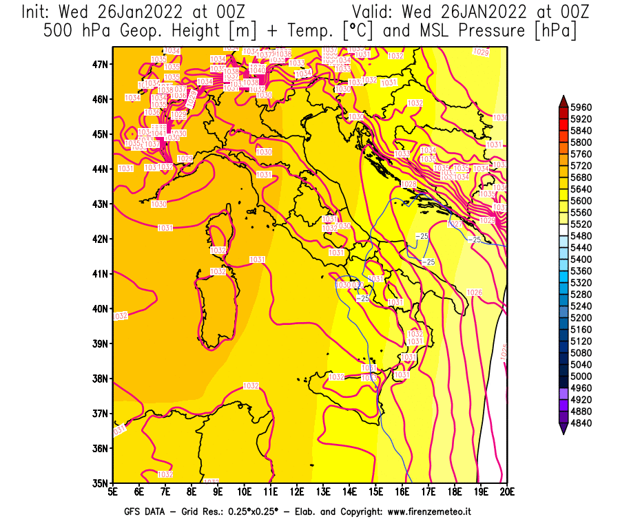 Mappa di analisi GFS - Geopotenziale [m] + Temp. [°C] a 500 hPa + Press. a livello del mare [hPa] in Italia
							del 26/01/2022 00 <!--googleoff: index-->UTC<!--googleon: index-->