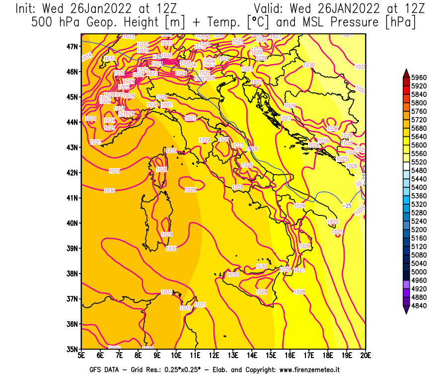 Mappa di analisi GFS - Geopotenziale [m] + Temp. [°C] a 500 hPa + Press. a livello del mare [hPa] in Italia
							del 26/01/2022 12 <!--googleoff: index-->UTC<!--googleon: index-->