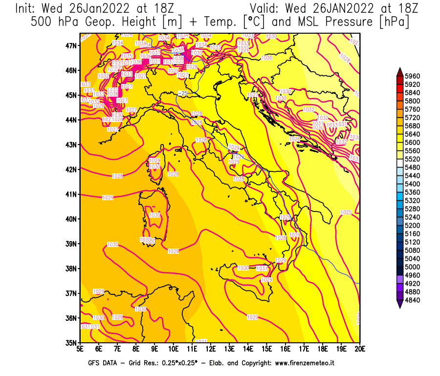 Mappa di analisi GFS - Geopotenziale [m] + Temp. [°C] a 500 hPa + Press. a livello del mare [hPa] in Italia
							del 26/01/2022 18 <!--googleoff: index-->UTC<!--googleon: index-->