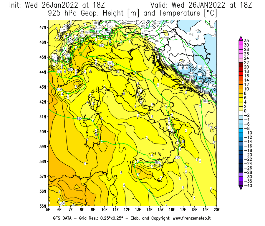 Mappa di analisi GFS - Geopotenziale [m] e Temperatura [°C] a 925 hPa in Italia
							del 26/01/2022 18 <!--googleoff: index-->UTC<!--googleon: index-->