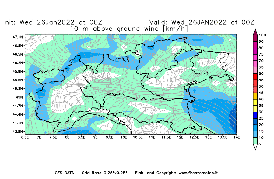 Mappa di analisi GFS - Velocità del vento a 10 metri dal suolo [km/h] in Nord-Italia
							del 26/01/2022 00 <!--googleoff: index-->UTC<!--googleon: index-->