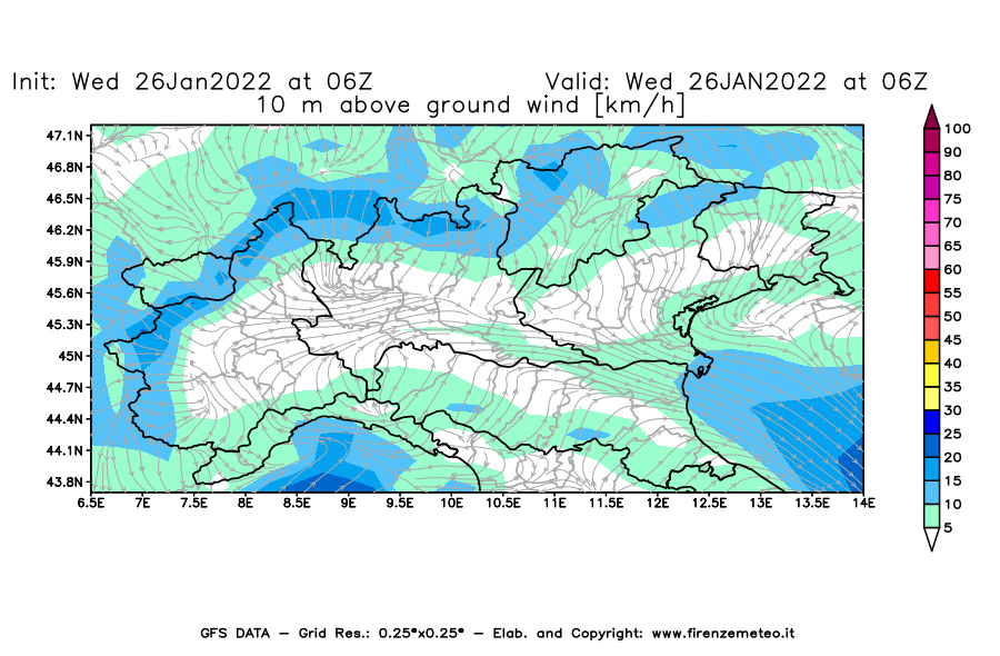 Mappa di analisi GFS - Velocità del vento a 10 metri dal suolo [km/h] in Nord-Italia
							del 26/01/2022 06 <!--googleoff: index-->UTC<!--googleon: index-->