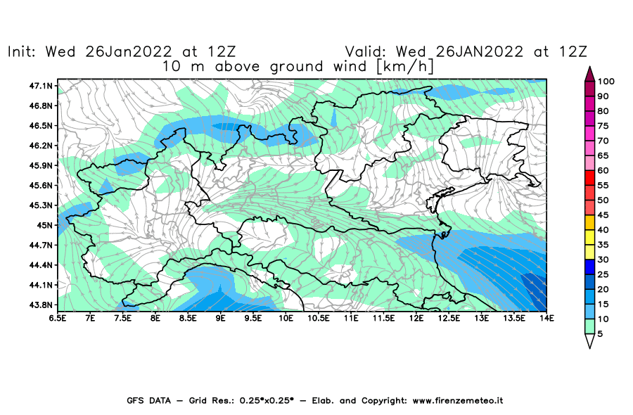 Mappa di analisi GFS - Velocità del vento a 10 metri dal suolo [km/h] in Nord-Italia
							del 26/01/2022 12 <!--googleoff: index-->UTC<!--googleon: index-->