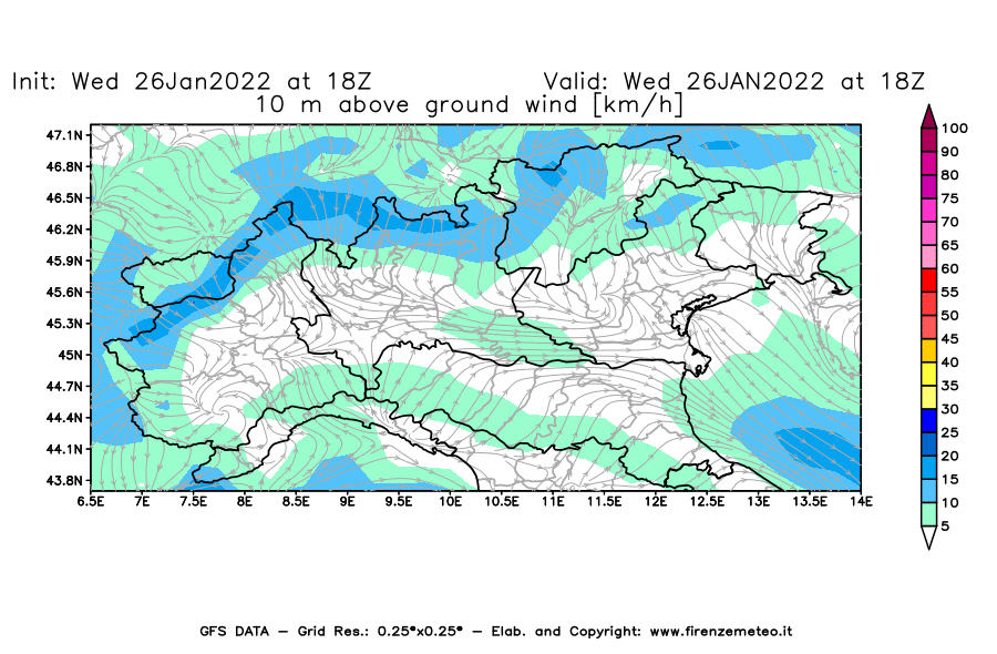 Mappa di analisi GFS - Velocità del vento a 10 metri dal suolo [km/h] in Nord-Italia
							del 26/01/2022 18 <!--googleoff: index-->UTC<!--googleon: index-->