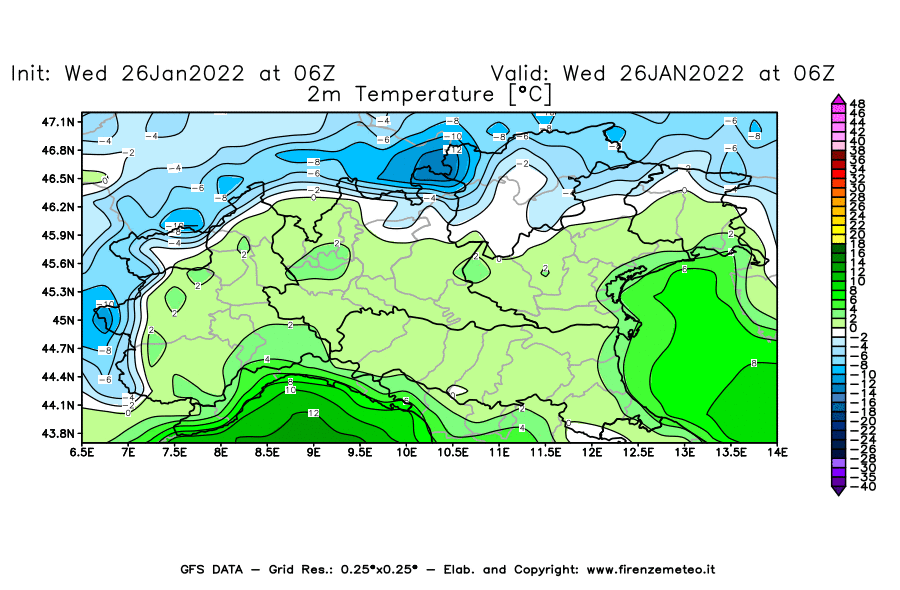Mappa di analisi GFS - Temperatura a 2 metri dal suolo [°C] in Nord-Italia
							del 26/01/2022 06 <!--googleoff: index-->UTC<!--googleon: index-->