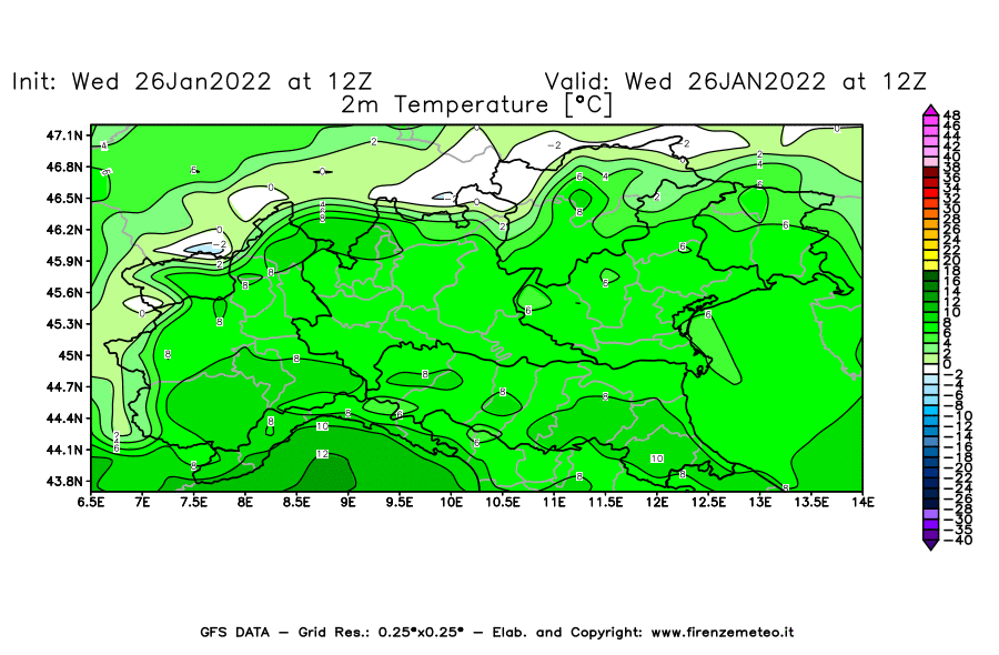 Mappa di analisi GFS - Temperatura a 2 metri dal suolo [°C] in Nord-Italia
							del 26/01/2022 12 <!--googleoff: index-->UTC<!--googleon: index-->