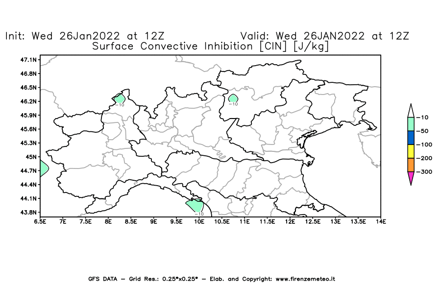 Mappa di analisi GFS - CIN [J/kg] in Nord-Italia
							del 26/01/2022 12 <!--googleoff: index-->UTC<!--googleon: index-->