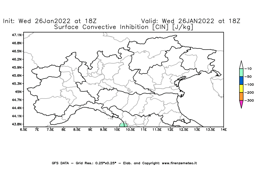 Mappa di analisi GFS - CIN [J/kg] in Nord-Italia
							del 26/01/2022 18 <!--googleoff: index-->UTC<!--googleon: index-->