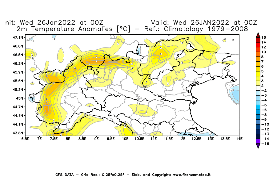 Mappa di analisi GFS - Anomalia Temperatura [°C] a 2 m in Nord-Italia
							del 26/01/2022 00 <!--googleoff: index-->UTC<!--googleon: index-->