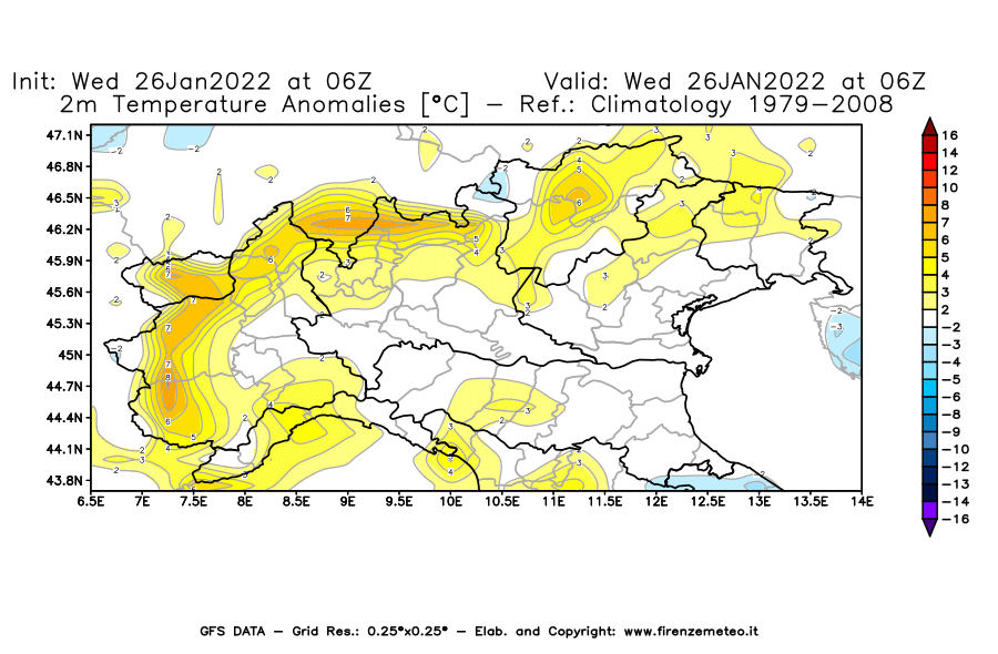 Mappa di analisi GFS - Anomalia Temperatura [°C] a 2 m in Nord-Italia
							del 26/01/2022 06 <!--googleoff: index-->UTC<!--googleon: index-->