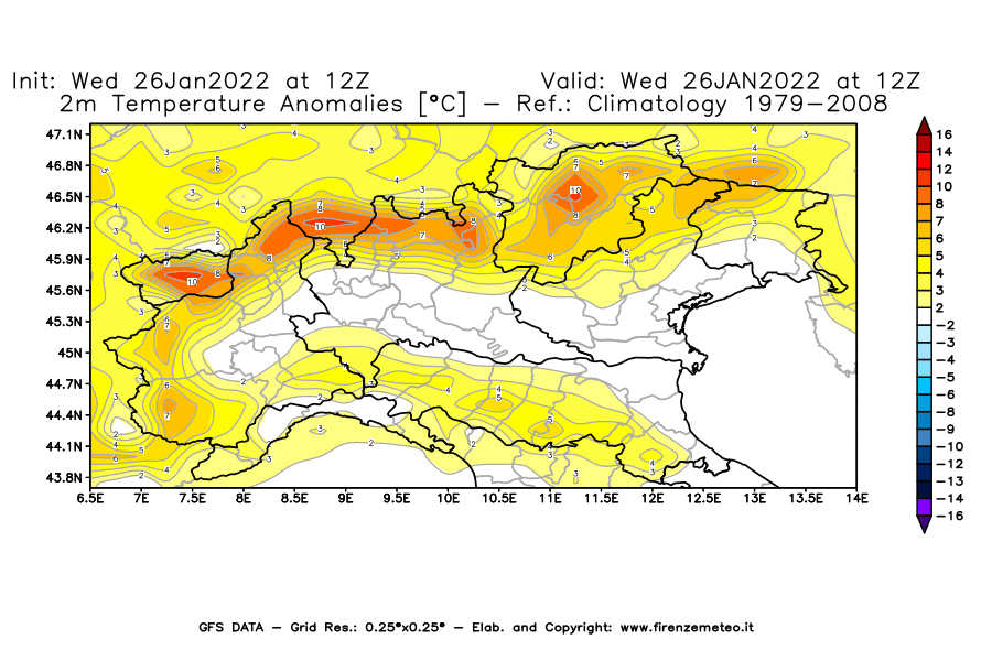 Mappa di analisi GFS - Anomalia Temperatura [°C] a 2 m in Nord-Italia
							del 26/01/2022 12 <!--googleoff: index-->UTC<!--googleon: index-->