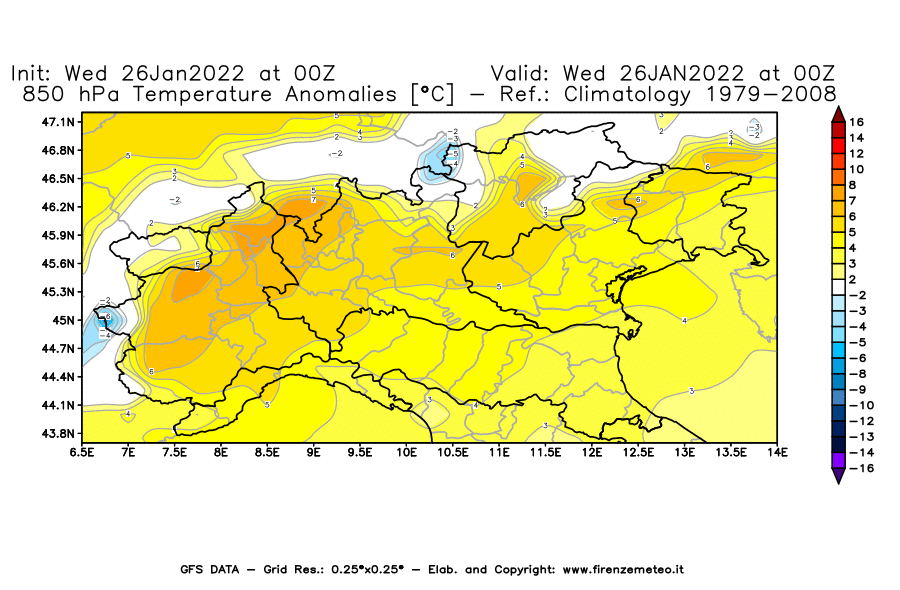 Mappa di analisi GFS - Anomalia Temperatura [°C] a 850 hPa in Nord-Italia
							del 26/01/2022 00 <!--googleoff: index-->UTC<!--googleon: index-->
